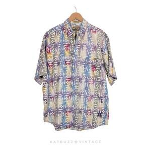 Vintage Hawaiian Shirt Mens XL Multicolor Tropical Batik Resort 90s Button Camp